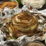 Stuffed baked onion topped with cheese, ready to serve.