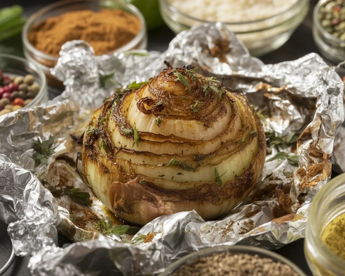 Stuffed baked onion topped with cheese, ready to serve.