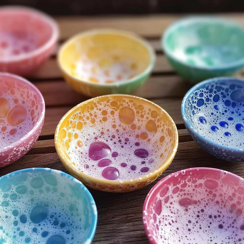 Colorful painting created using bubbles as a technique.