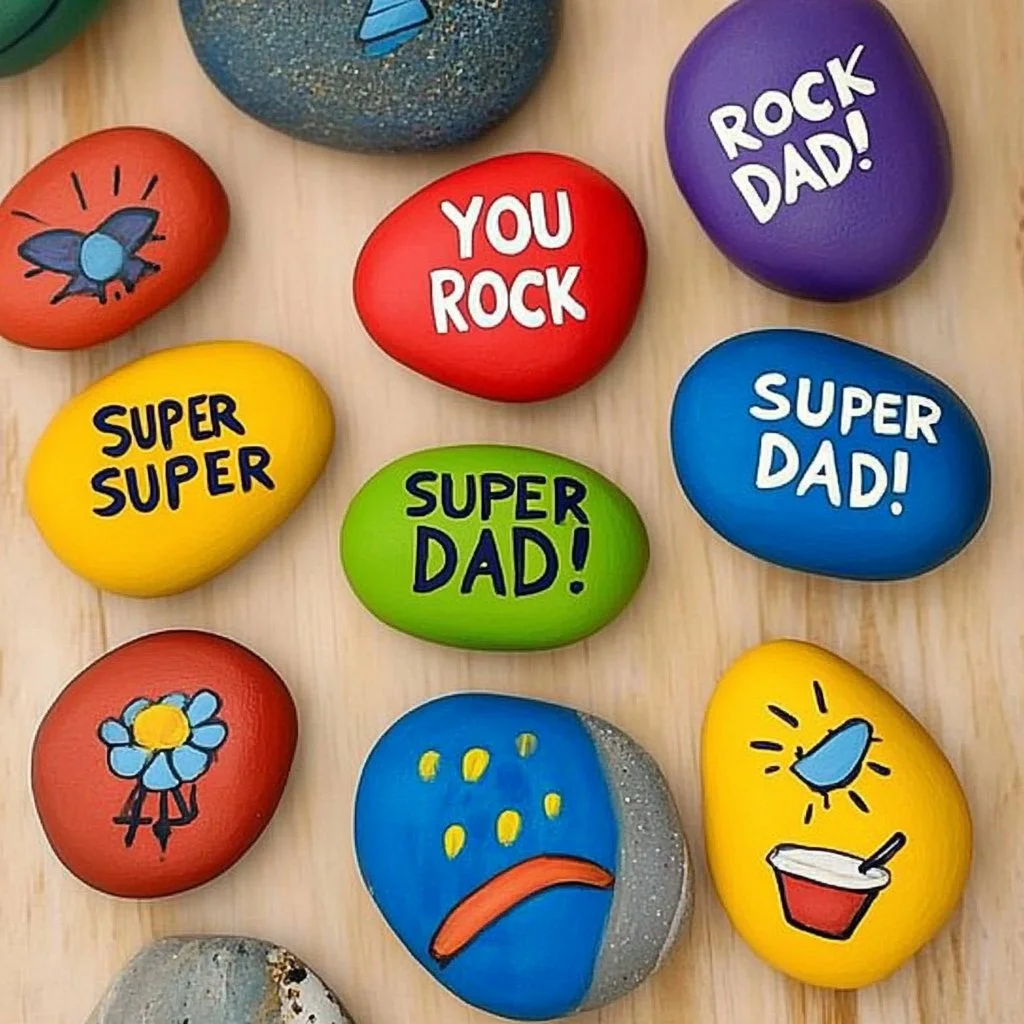 Colorful painted rocks crafted as a unique Father's Day gift idea.