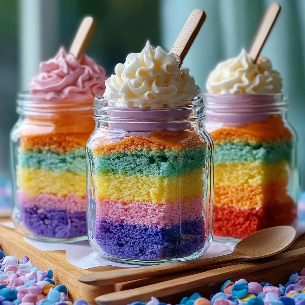 Rainbow Glow Cake Jar Parfaits with colorful layers and creamy frosting