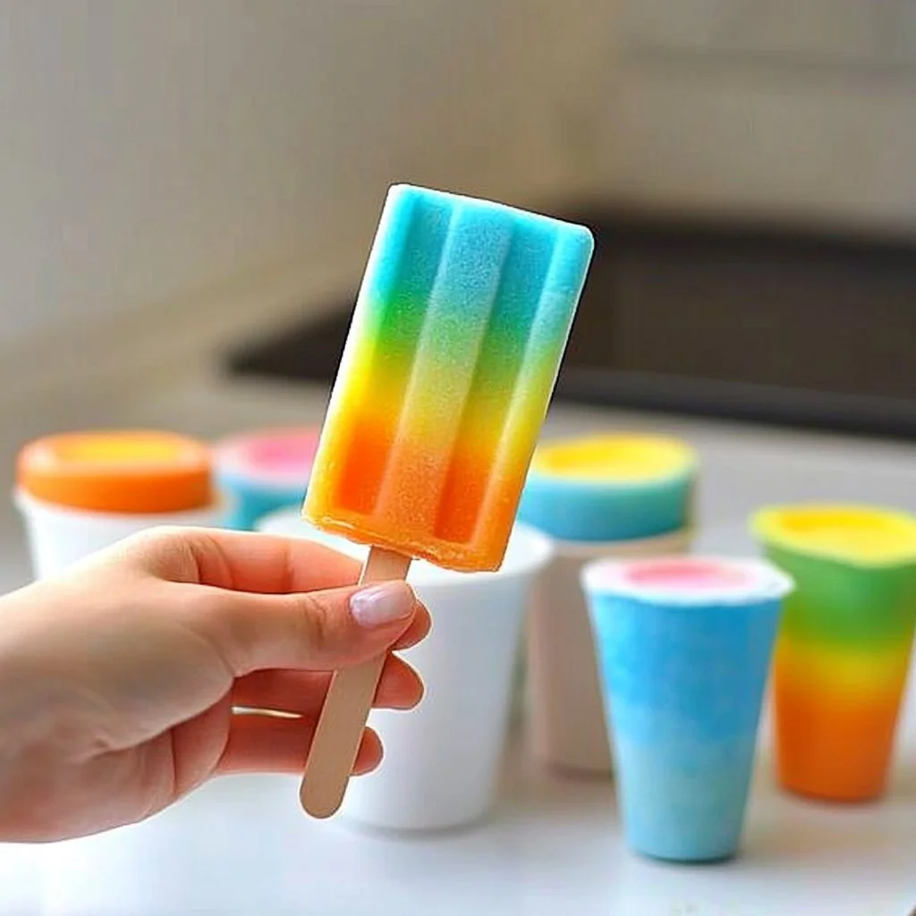 Colorful homemade Rainbow Popsicles in multiple layers of fruit flavors.