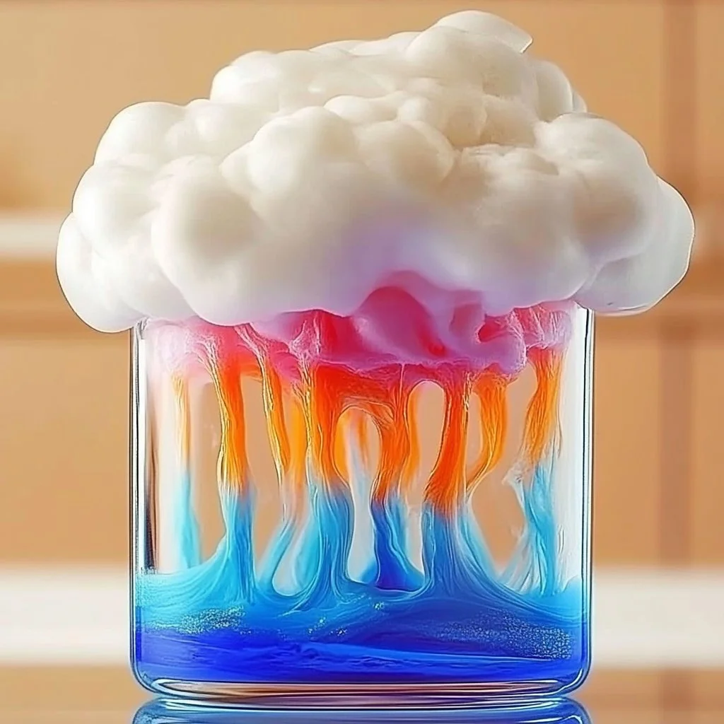 A colorful rainbow rain cloud experiment in a jar with vibrant colors and water