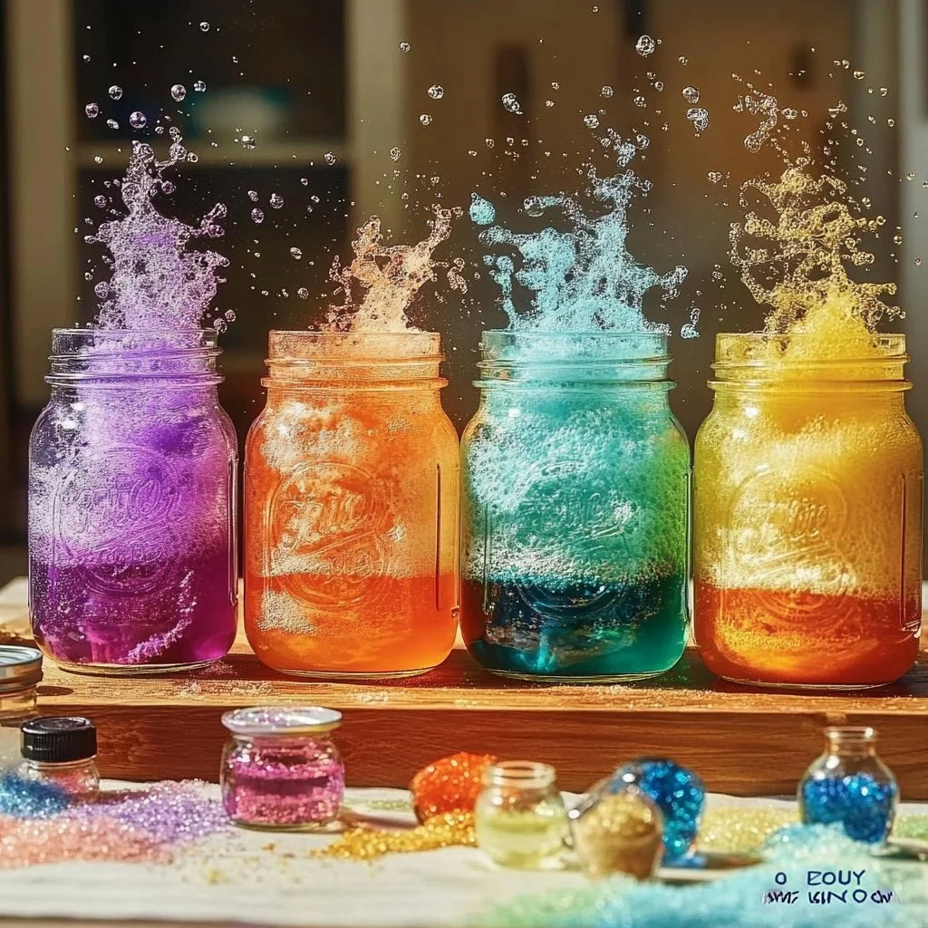 Colorful Rainbow Rainfall Geyser Jars creating beautiful water displays
