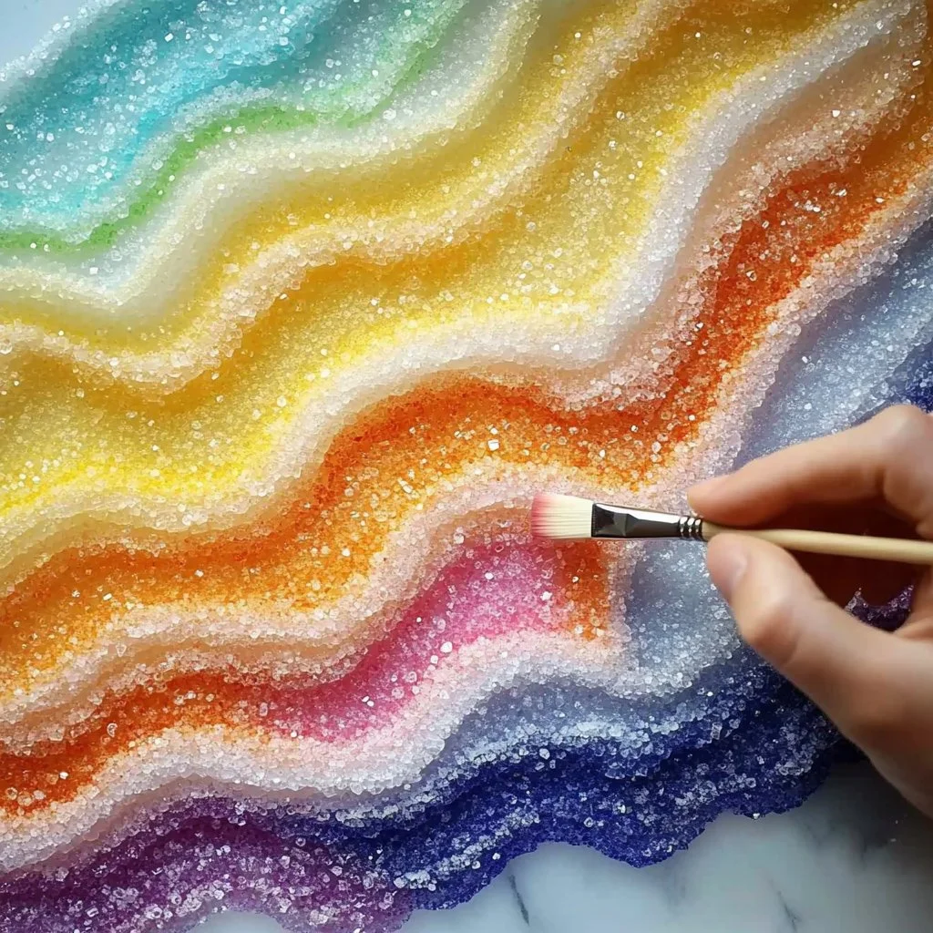 Colorful salt painting artwork showcasing vibrant textures and designs.