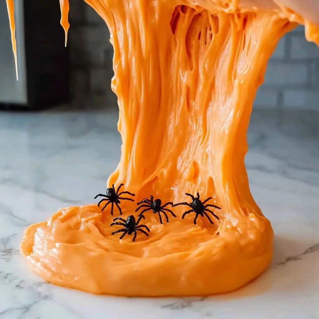 Child playing with bright, colorful spider slime, showcasing its stretchy and gooey texture.