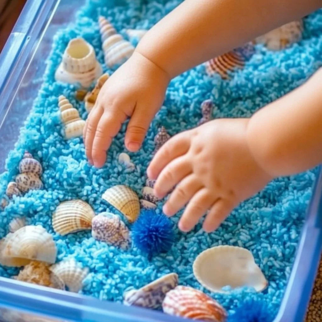 Under the Sea sensory bin filled with ocean-themed toys and materials for sensory play.