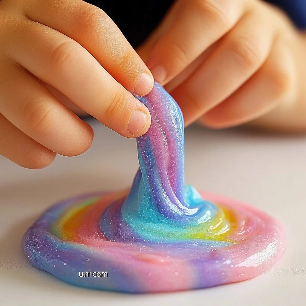 Colorful unicorn poop slime in vibrant hues, perfect for play and sensory fun.