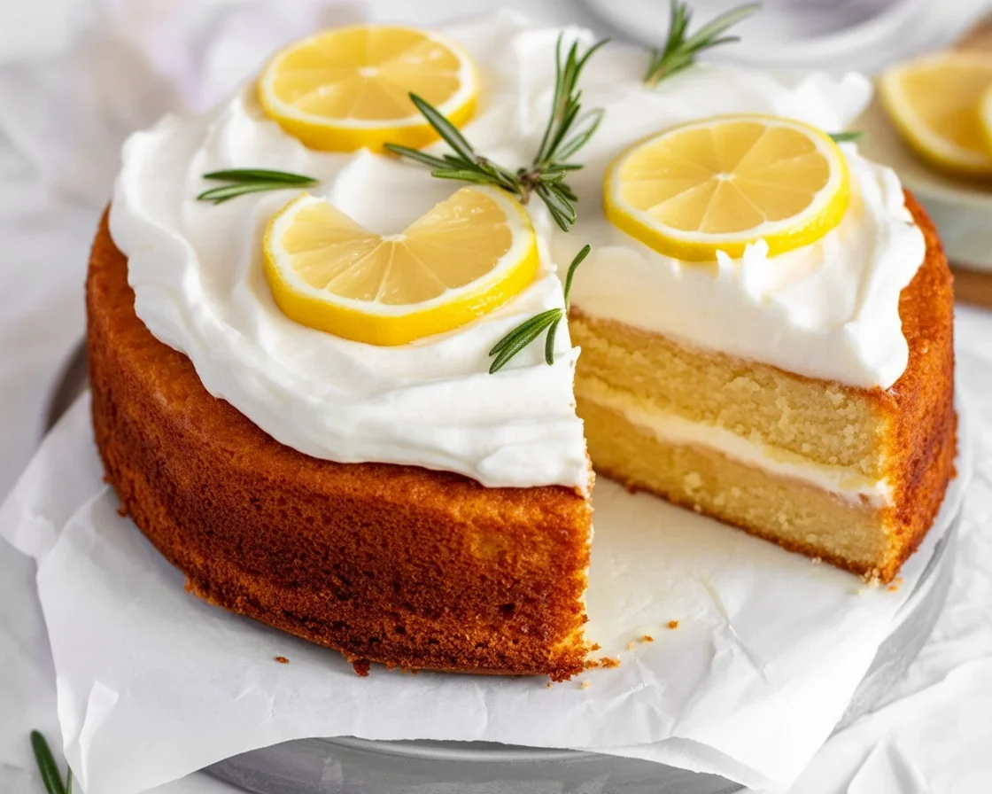 Rosemary's Bakery Whipped Cream Cake topped with mascarpone whipped cream and fresh fruit.