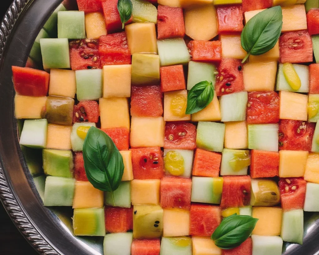 Colorful Checkerboard Salad with watermelon, feta, and basil arranged in a geometric pattern.
