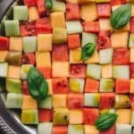 Colorful Checkerboard Salad with watermelon, feta, and basil arranged in a geometric pattern.