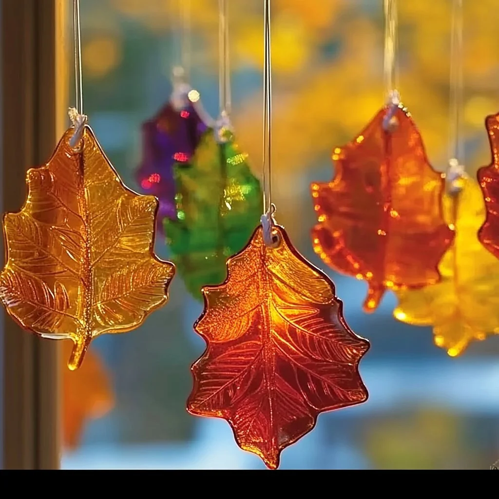 Colorful wax paper sun catchers hanging in a window
