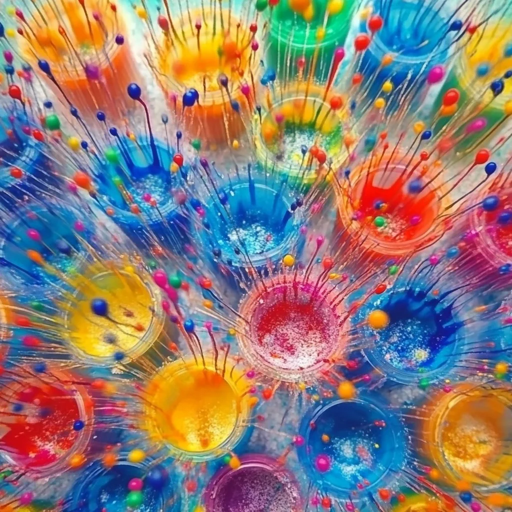 Baking soda and vinegar creating colorful fireworks in a science experiment.