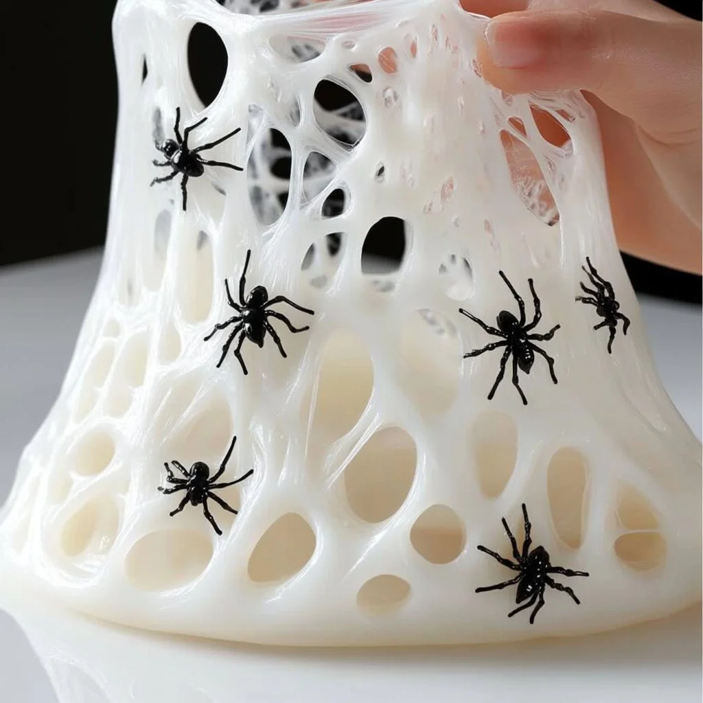 Baking soda spider web slime recipe for kids Halloween activity