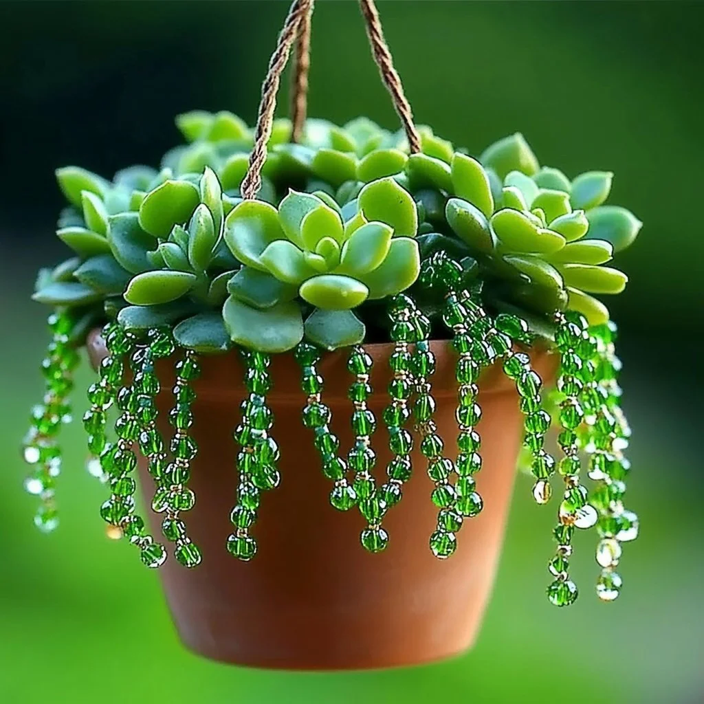 Colorful beaded plant craft displayed on a wooden table.