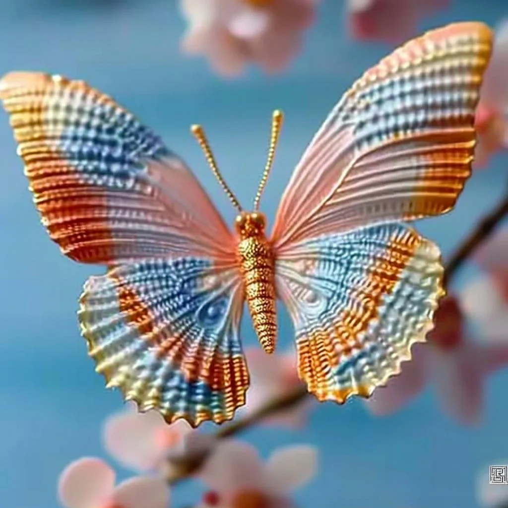 Colorful seashell butterflies crafted from natural shells displayed beautifully.
