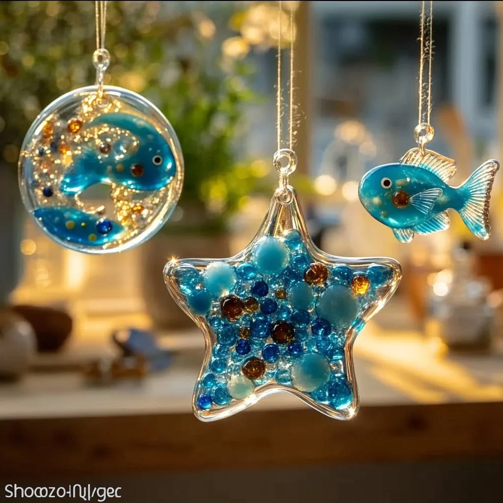 Handcrafted blue bead ocean suncatcher reflecting sunlight