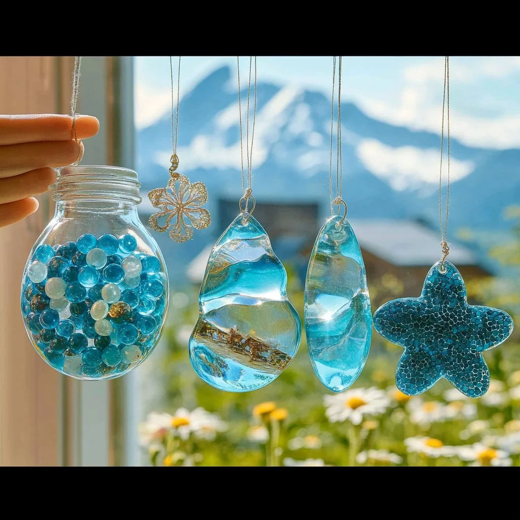 Blue bead ocean suncatchers reflecting light in a coastal-inspired home