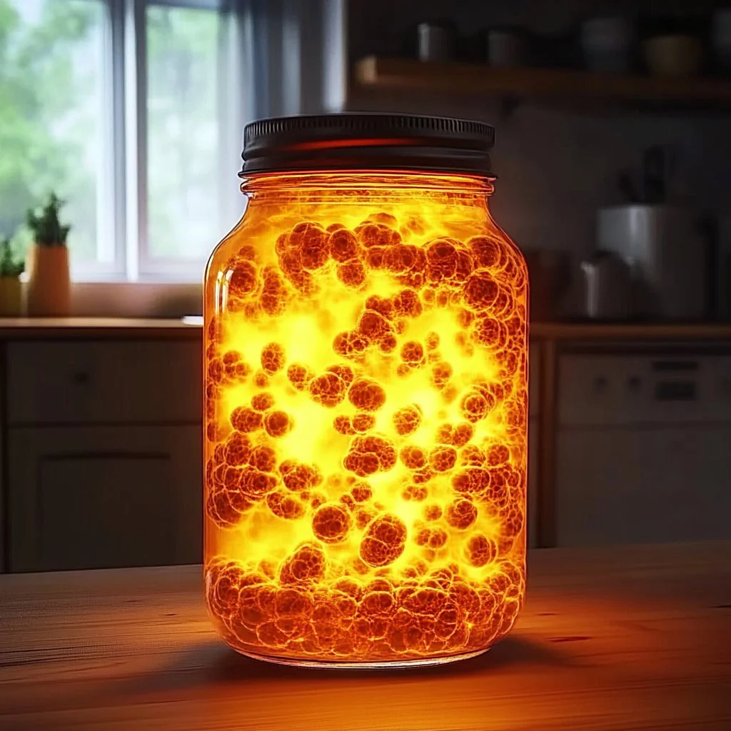 Boiling lava lamp jar with colorful wax bubbles creating a mesmerizing effect