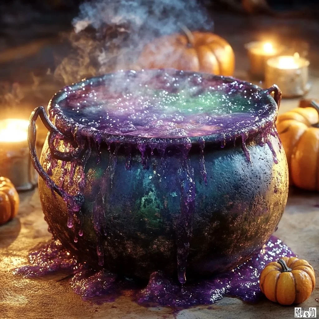 Bubbling cauldron filled with colorful potions and magical ingredients