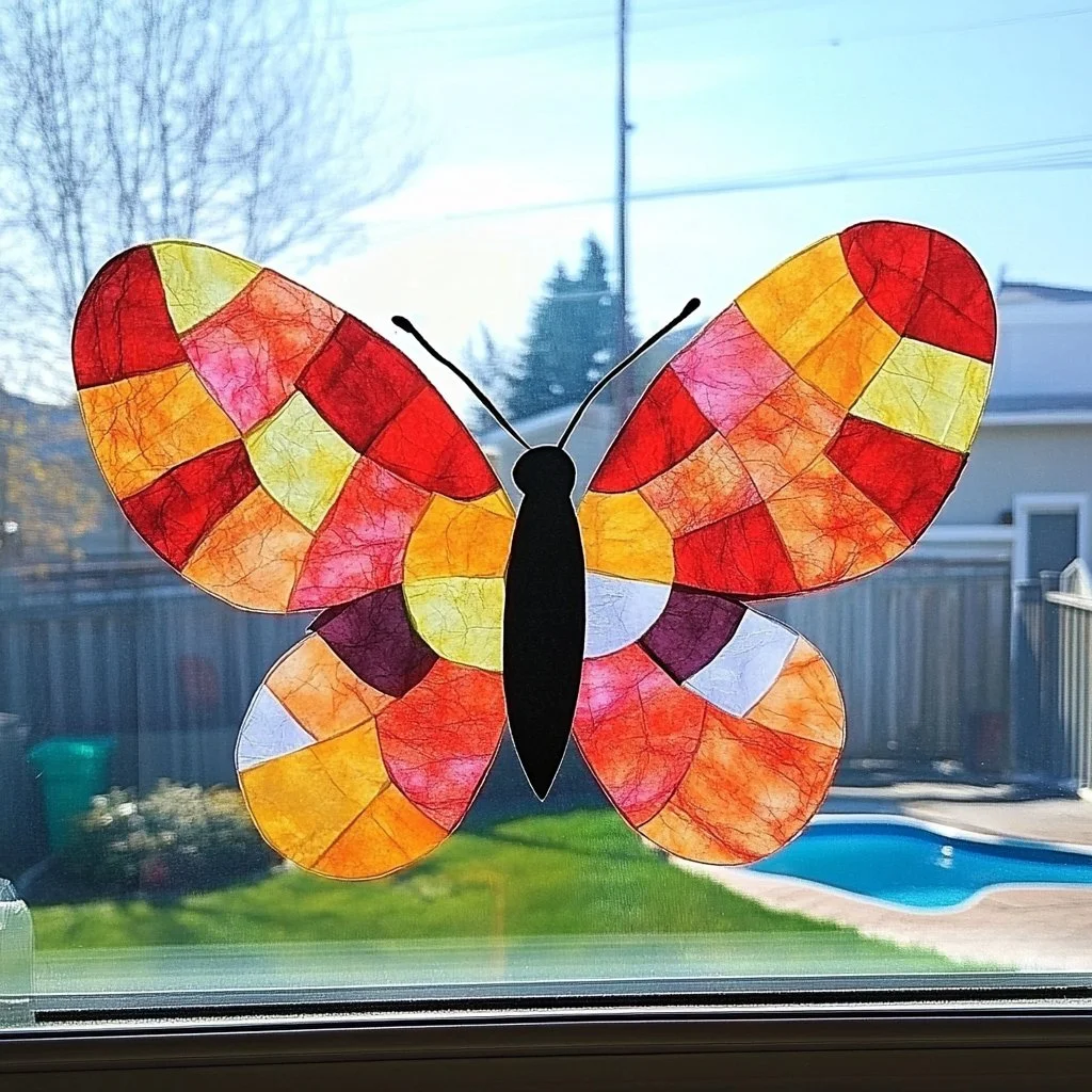 Colorful butterfly suncatcher craft hanging in a window