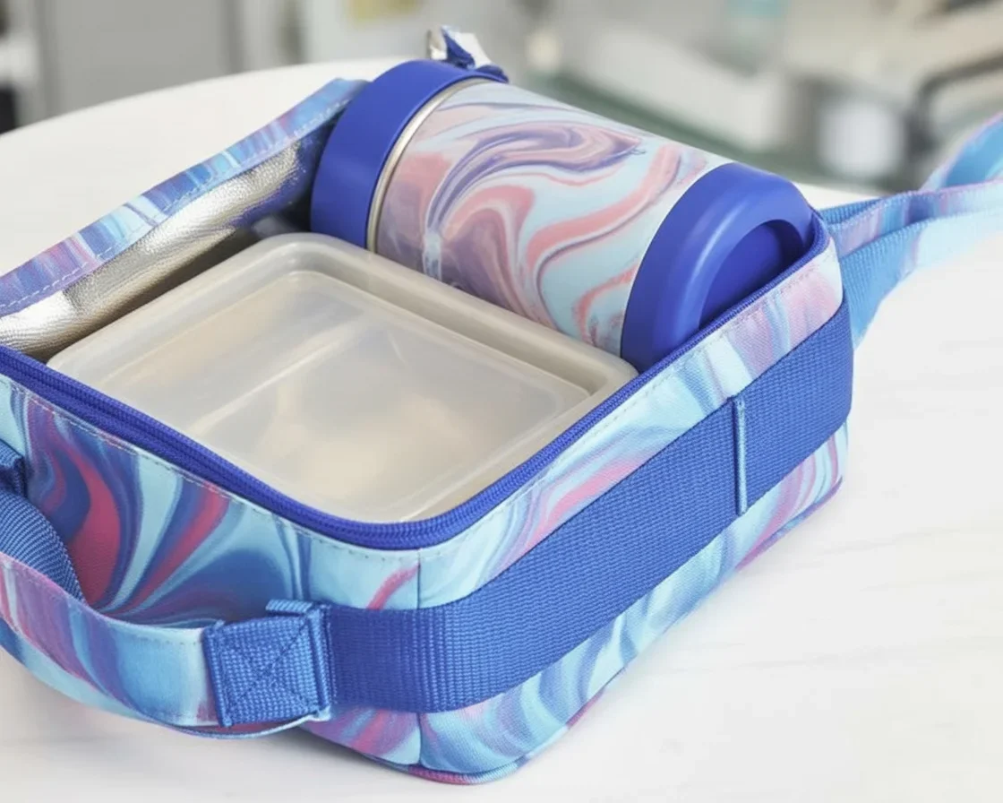 A person placing a lunch box in a washing machine for cleaning.