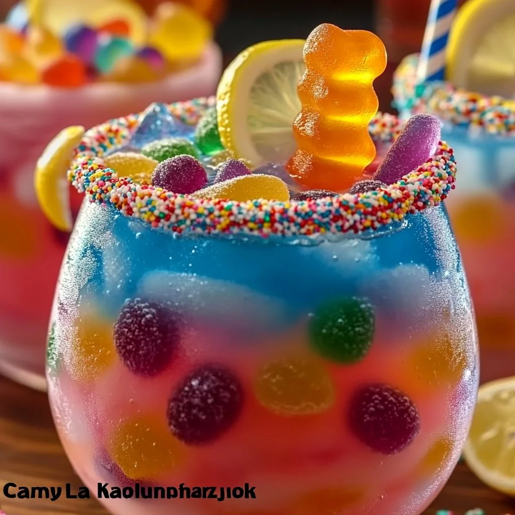 A vibrant glass of Candy Land Punch with colorful fruits and candies.
