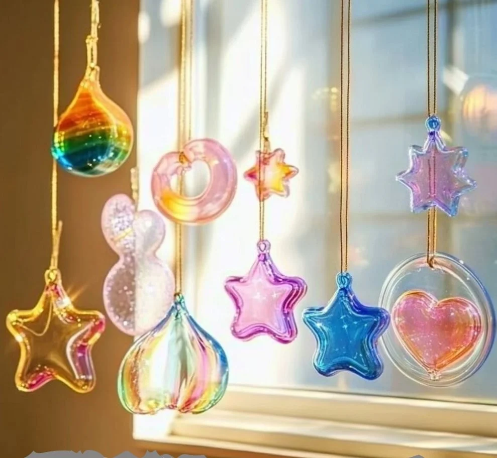 Colorful bioplastic suncatchers hanging in a sunlight-filled window