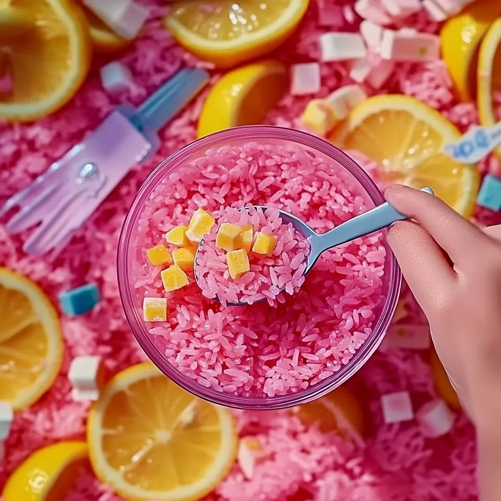 Colorful rice sensory bin for creative play and sensory exploration