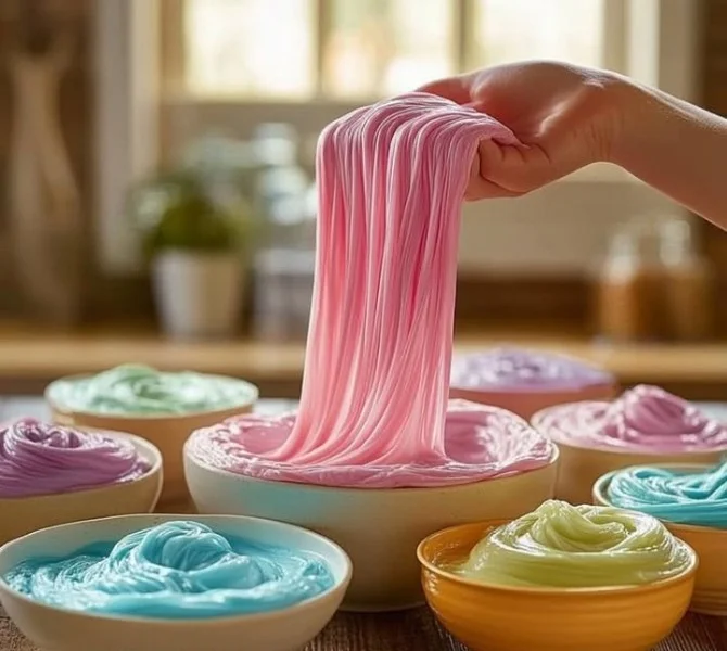 Colorful cornstarch and dish soap slime created for sensory play and fun.