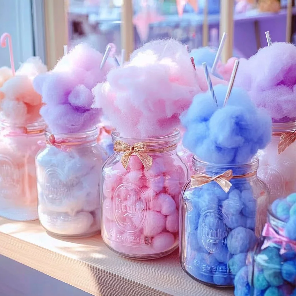 Colorful Cotton Candy Cloud Jars filled with fluffy cotton candy treats