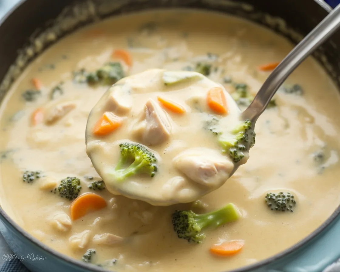 Creamy Chicken Broccoli Cheddar Soup with broccoli florets and cheddar cheese
