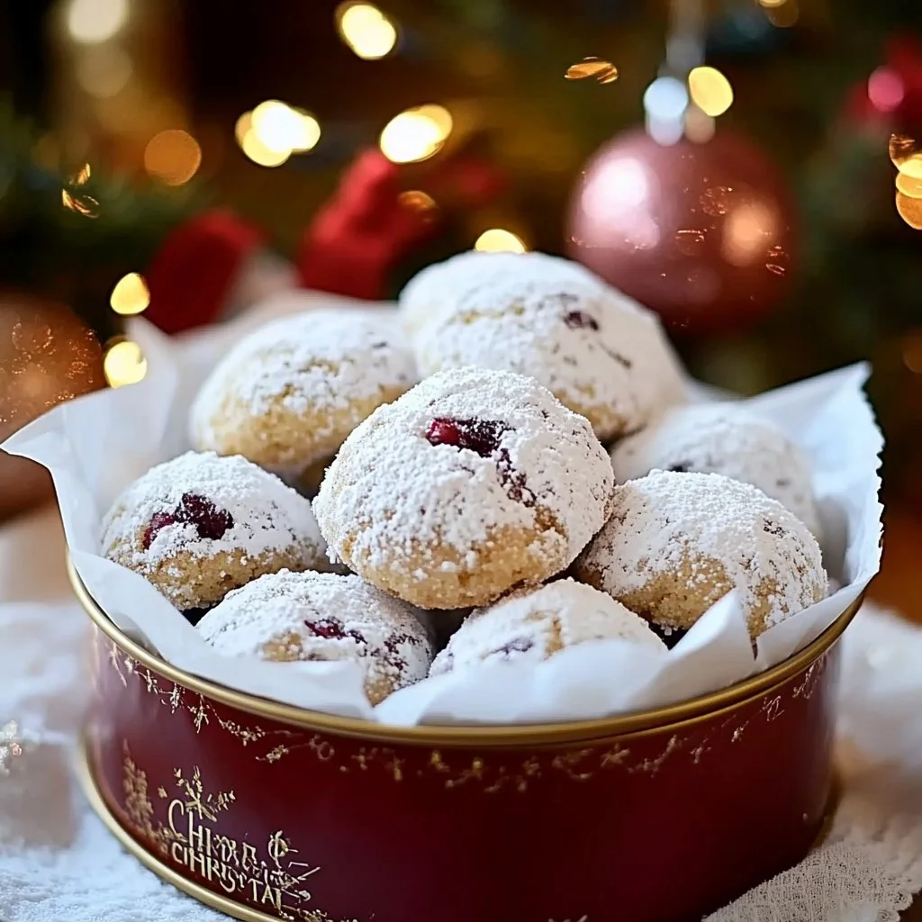 Plate of delicious Cranberry Orange Snowball Cookies dusted with powdered sugar