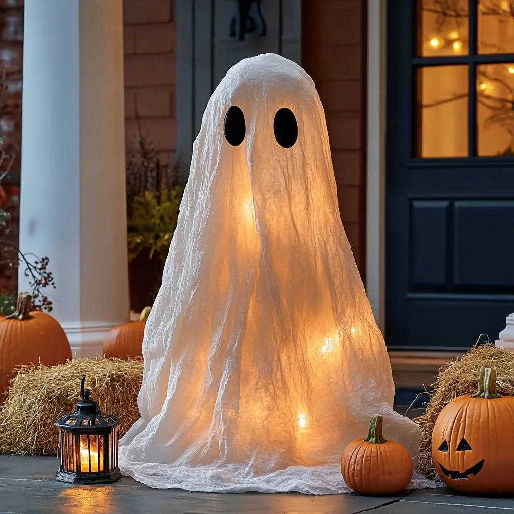 A DIY project showcasing a floating ghost decoration for Halloween festivities.