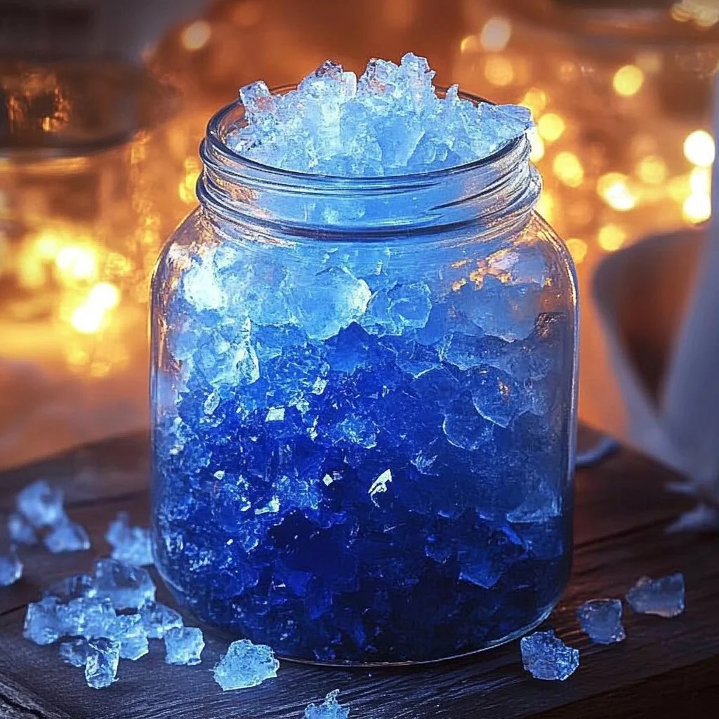 Crystal ice storm in a glass jar with icy decorations and glitter effects.