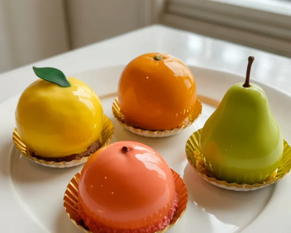 Delicious fruit-shaped mousse cakes in various styles and flavors from local bakeries.