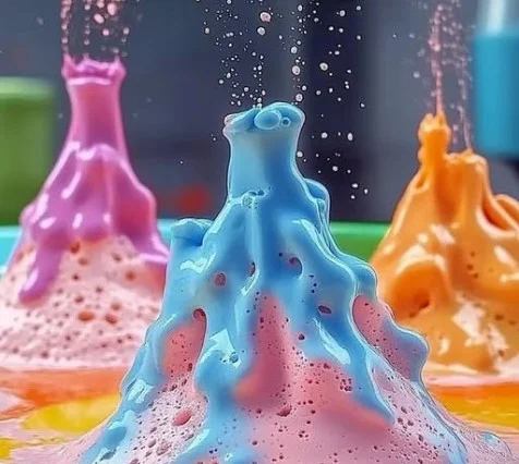 DIY baking soda volcano experiment with colorful eruption