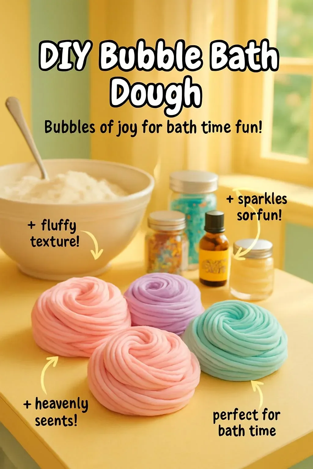 Homemade DIY bubble bath dough in colorful containers.