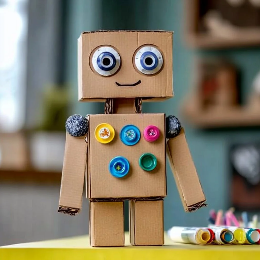 A colorful DIY cardboard robot made from recycled materials.