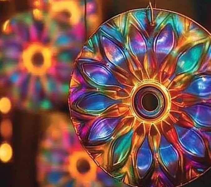 Colorful DIY CD suncatchers hanging in sunlight, casting vibrant reflections