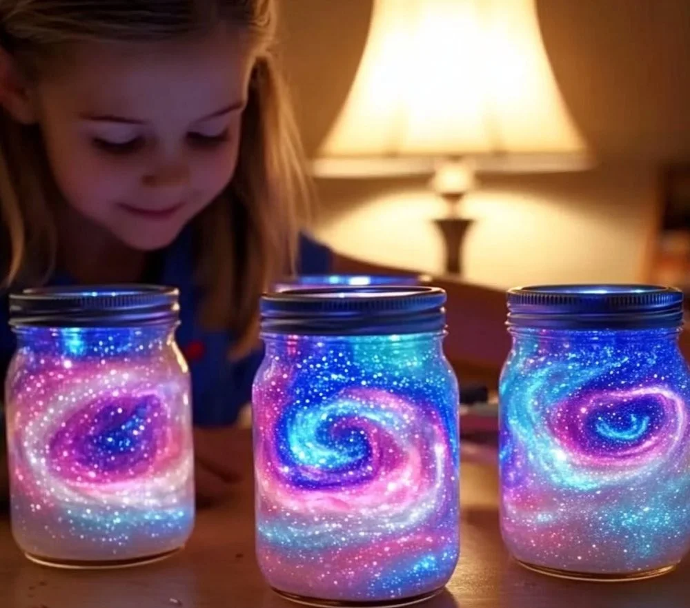 DIY Galaxy Jars glowing with stars and colorful designs in a dark room.