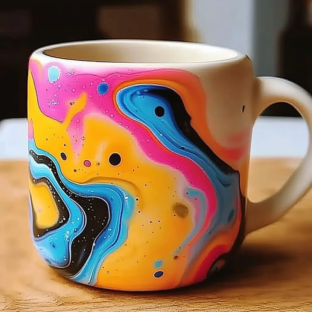 Colorful DIY marbled mug created with marbling techniques