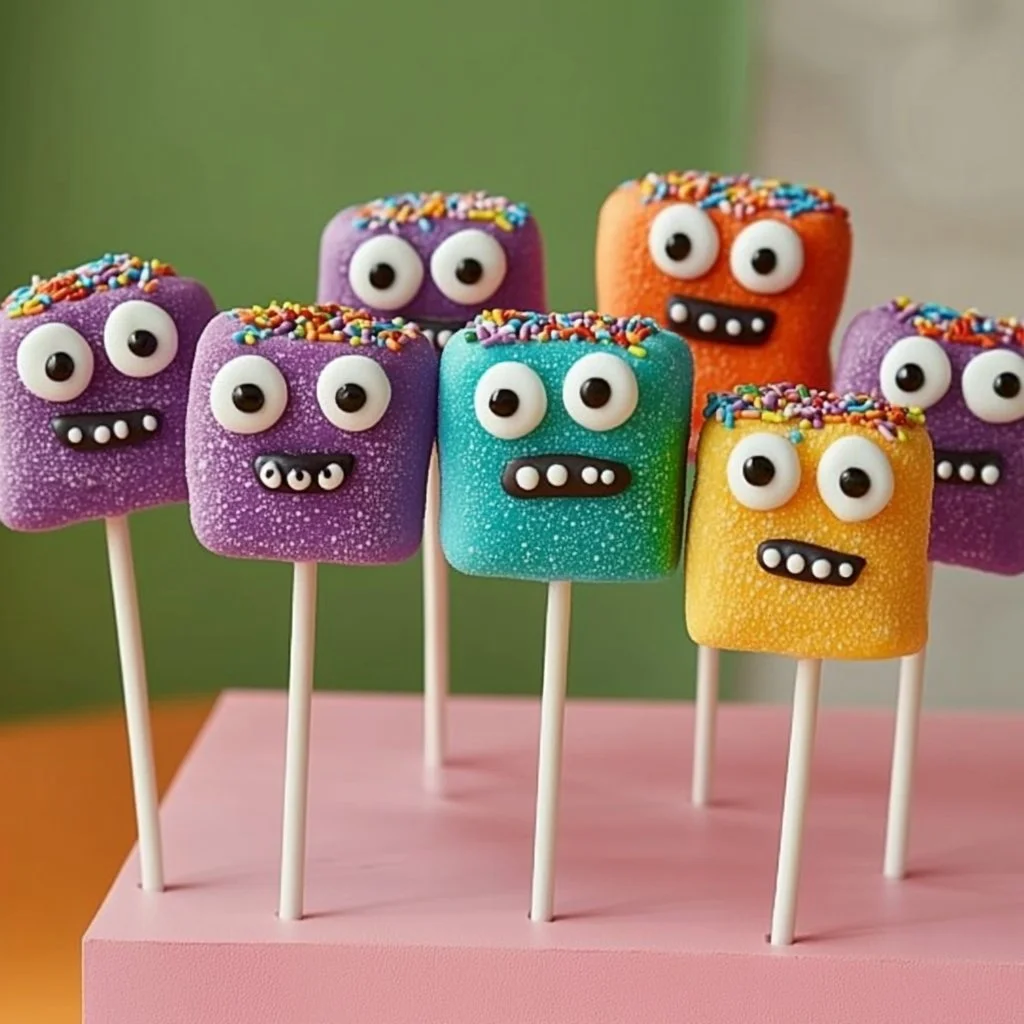 Colorful DIY Marshmallow Monster Pops decorated for Halloween