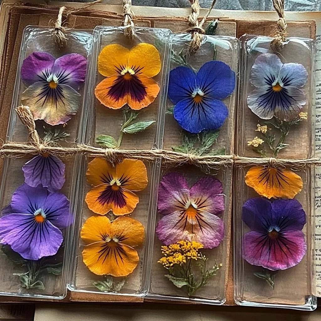 Colorful DIY pressed flower bookmarks with assorted flowers and leaves enclosed