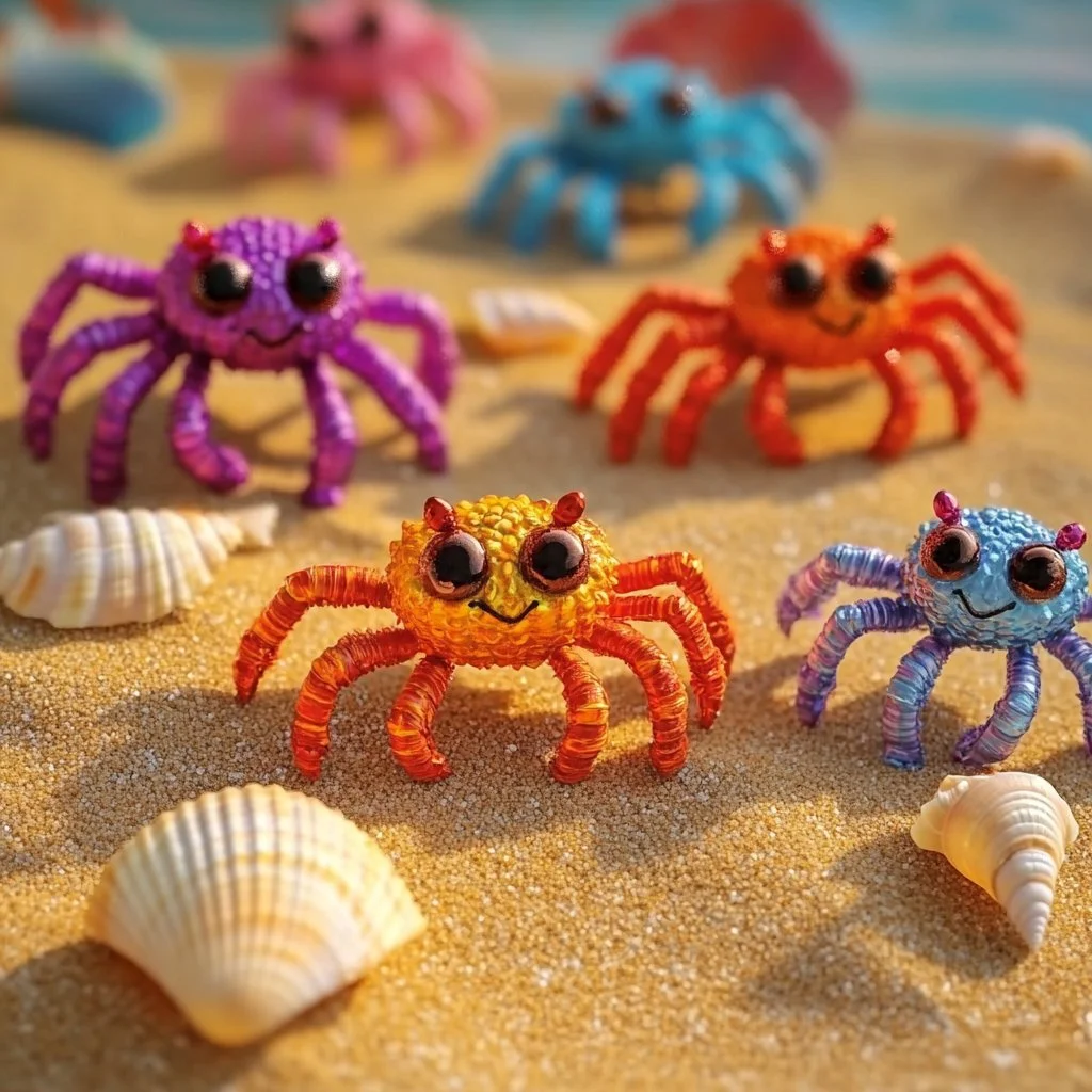 Colorful DIY seashell crabs displayed on a beach-themed craft table.
