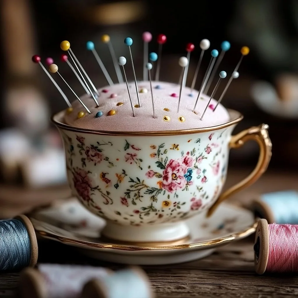 DIY vintage teacup pincushion tutorial with floral fabric and sewing supplies