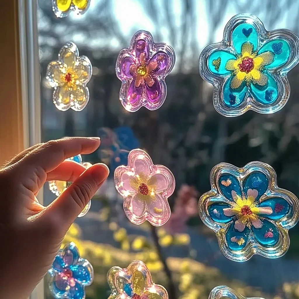 Colorful DIY window clings decorating a bright window