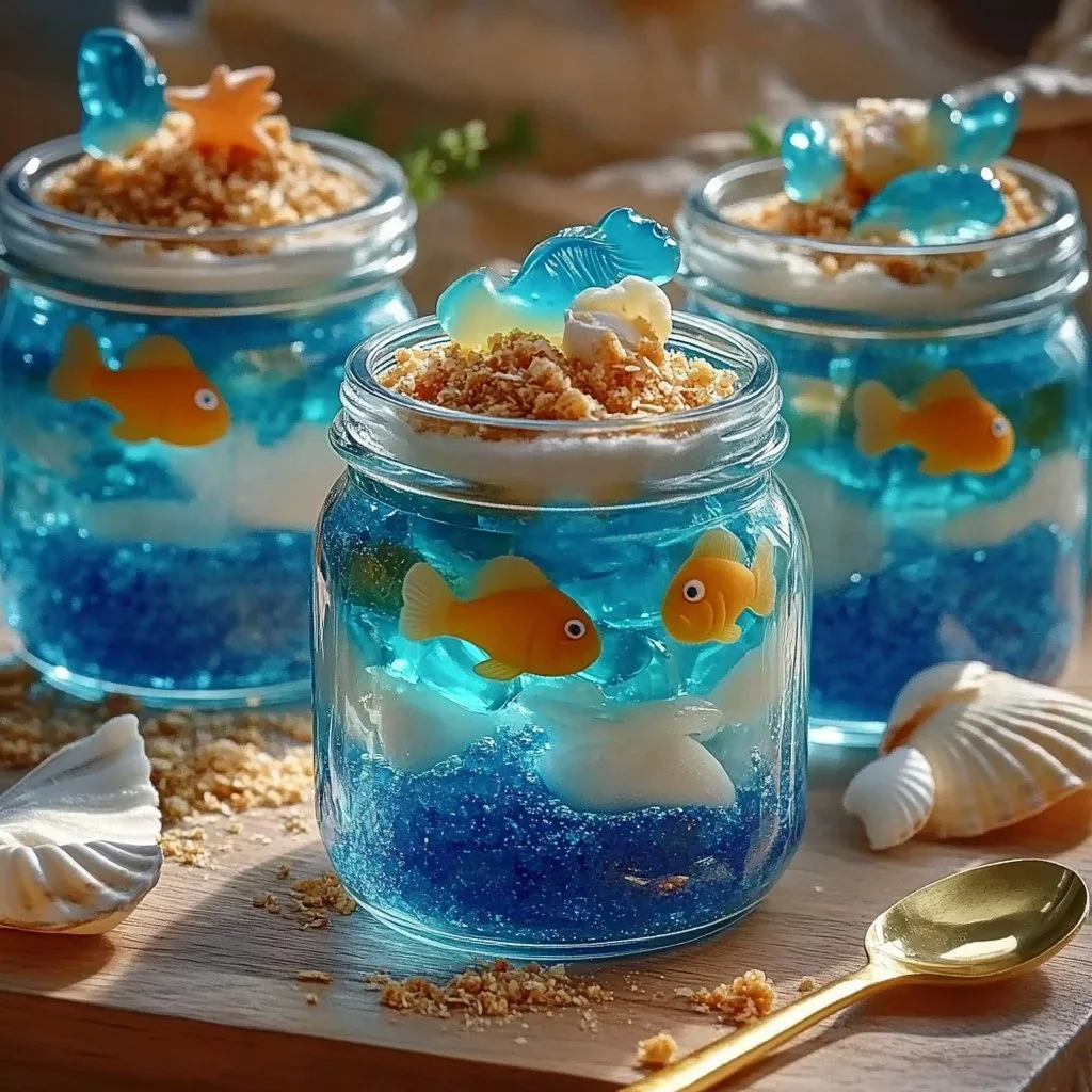 Colorful edible aquarium parfait with jelly, fruit, and candy decorations.