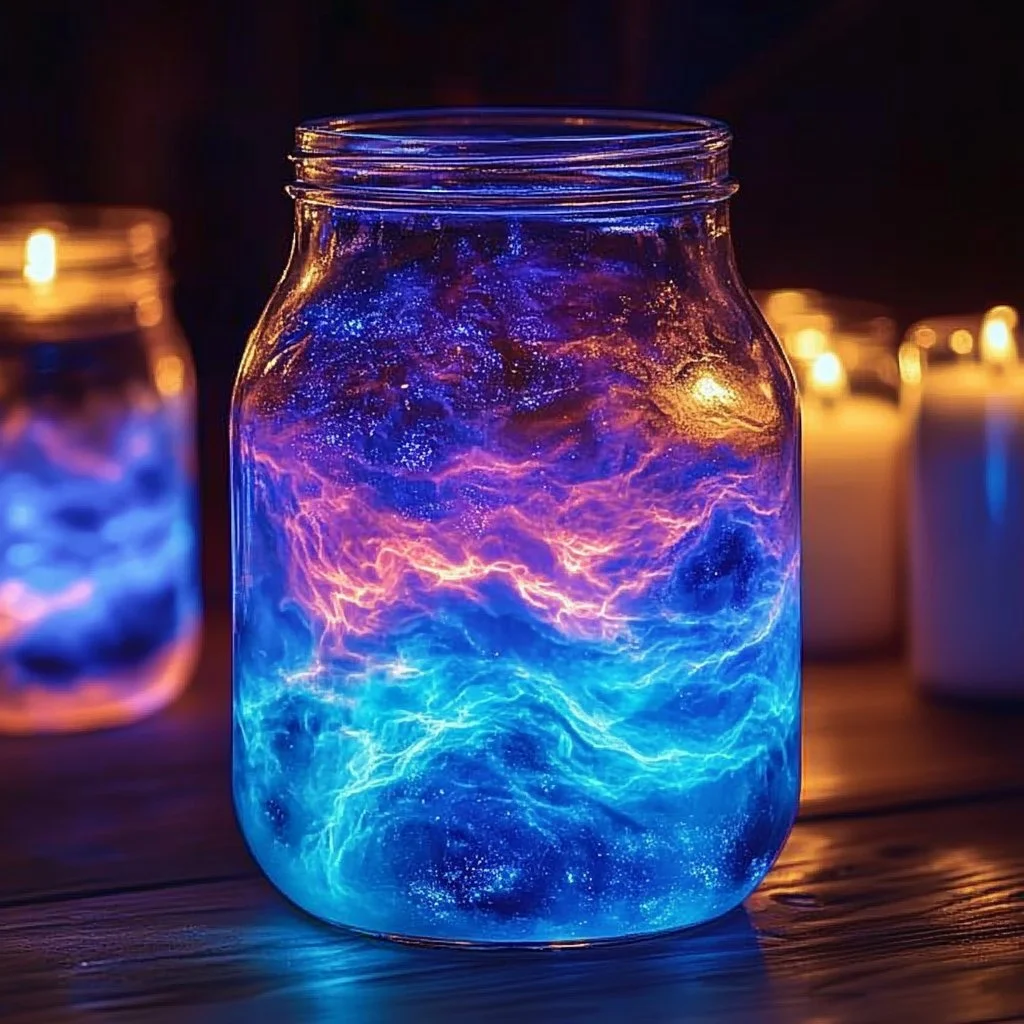 Electrified thunder glow jars illuminating a dark room with vibrant colors.
