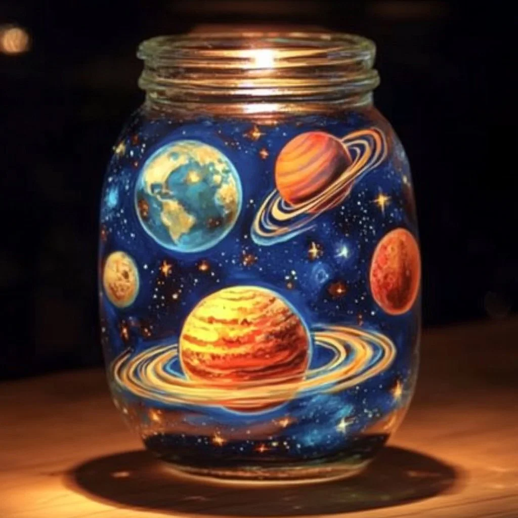Floating planet jar depicting a miniature solar system in a bottle